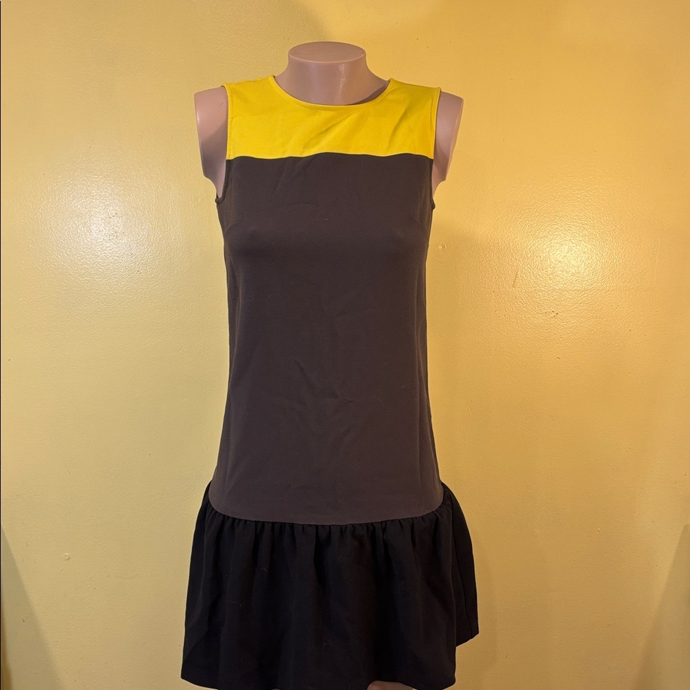 LOFT Yellow and Brown Pleated A-Line Mini Dress
